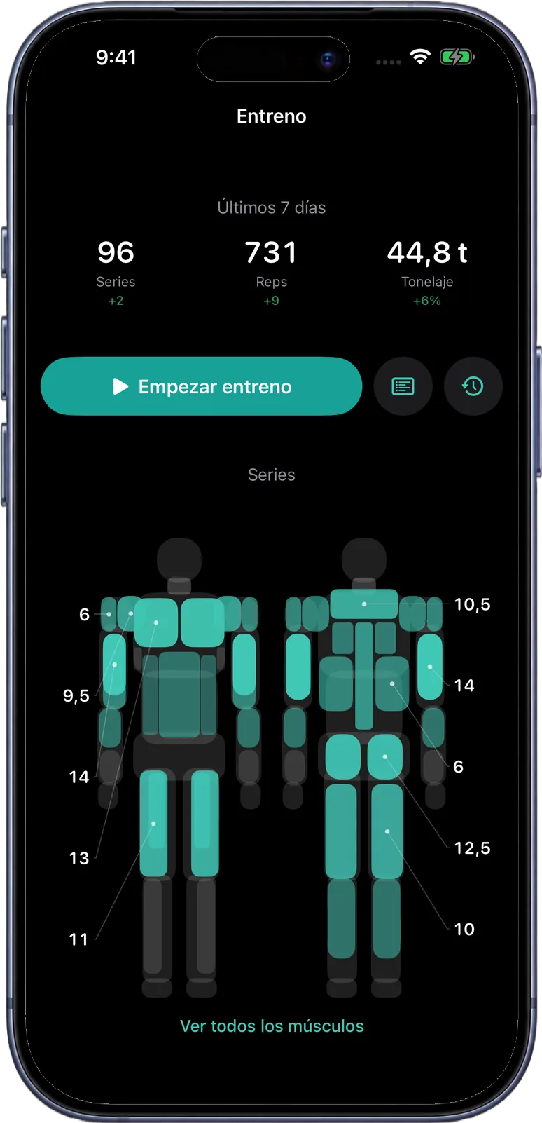 Pantalla de Entreno de VolFit: series, repeticiones y tonelaje de los últimos siete días e historial
