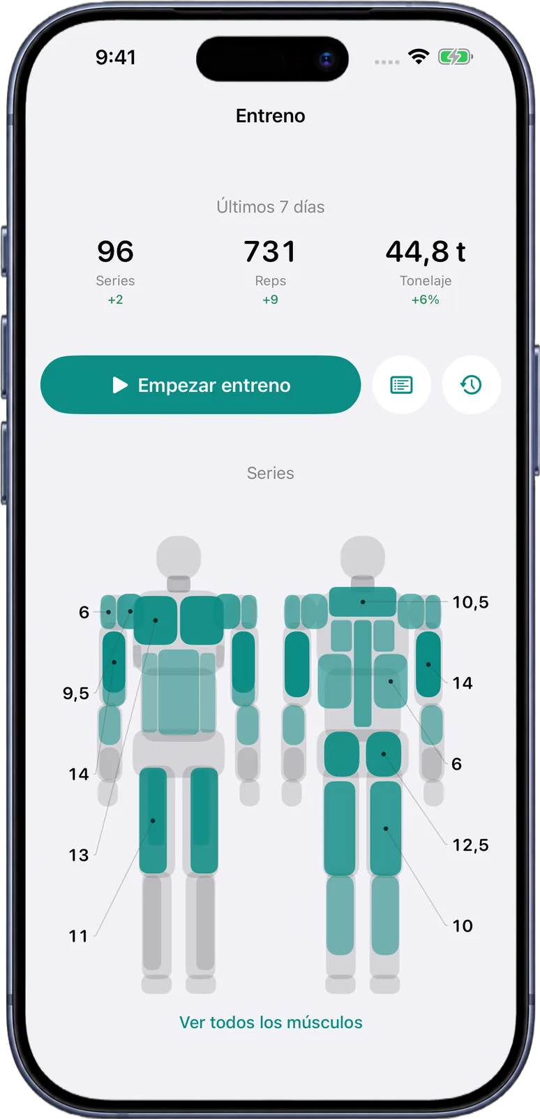 Pantalla de Entreno de VolFit: series, repeticiones y tonelaje de los últimos siete días e historial