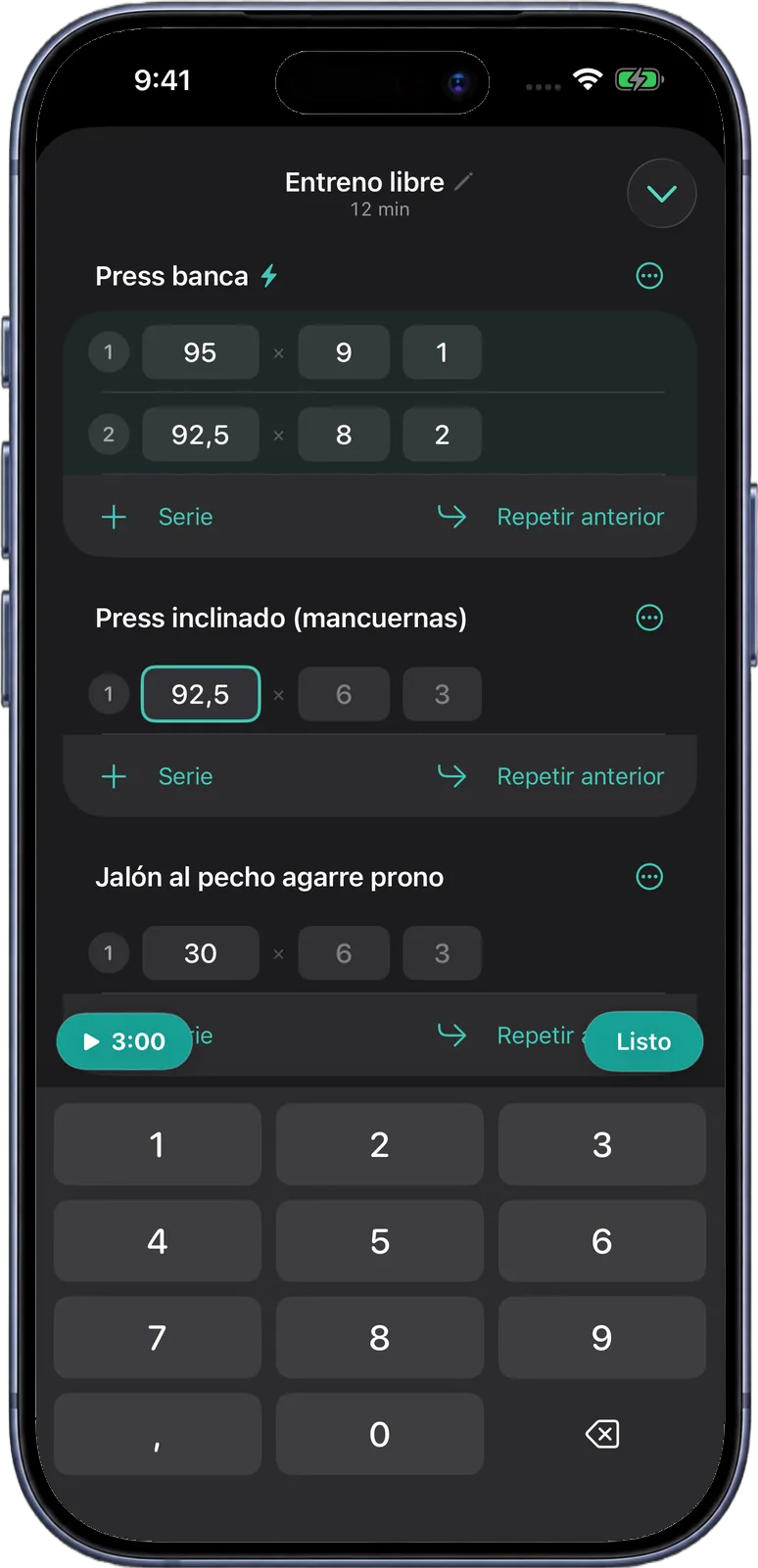 Una sesión en VolFit: press banca con dos series y el teclado numérico propio